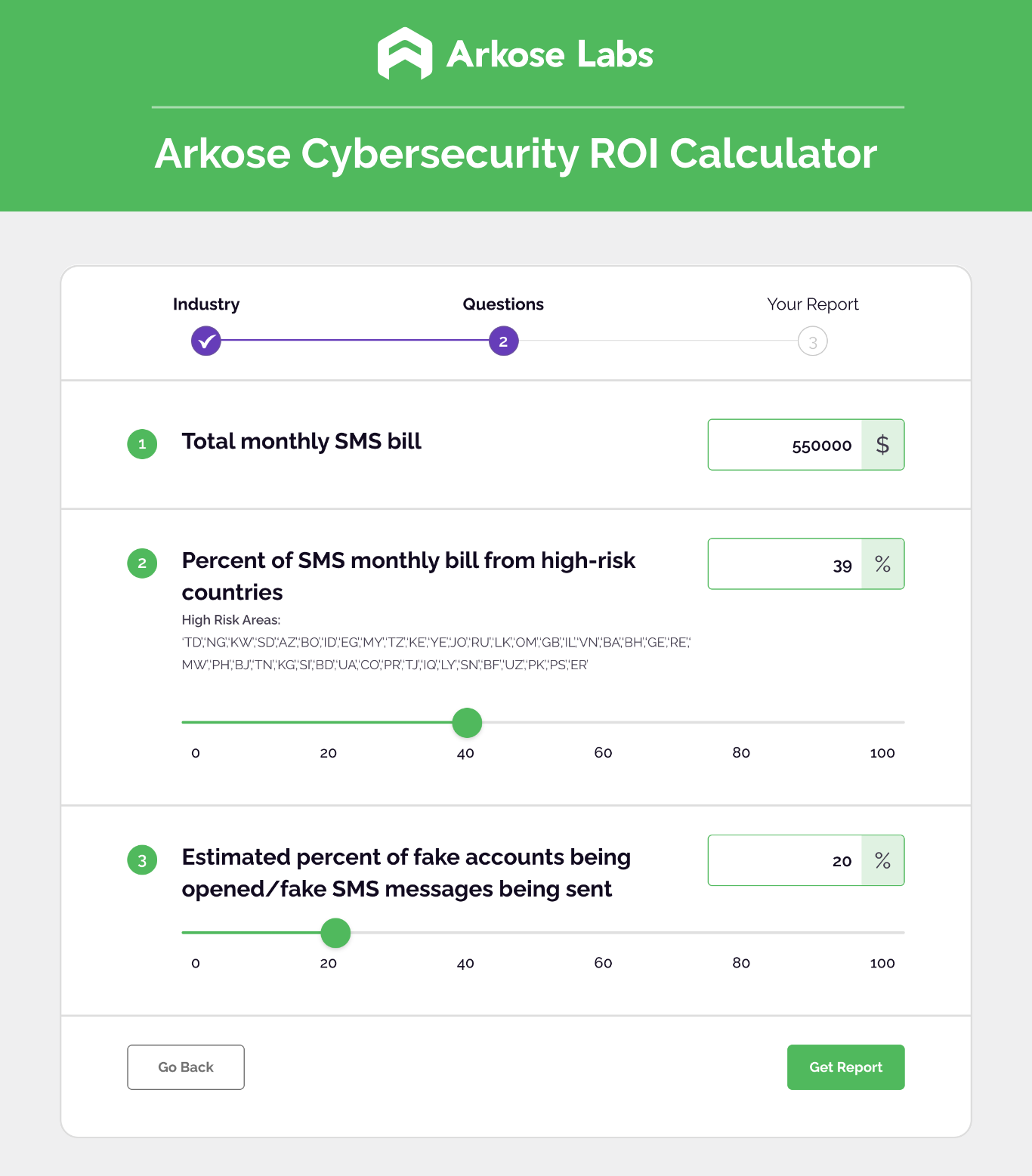 Screenshot of the Arkose Labs Cybersecurity ROI Calculator