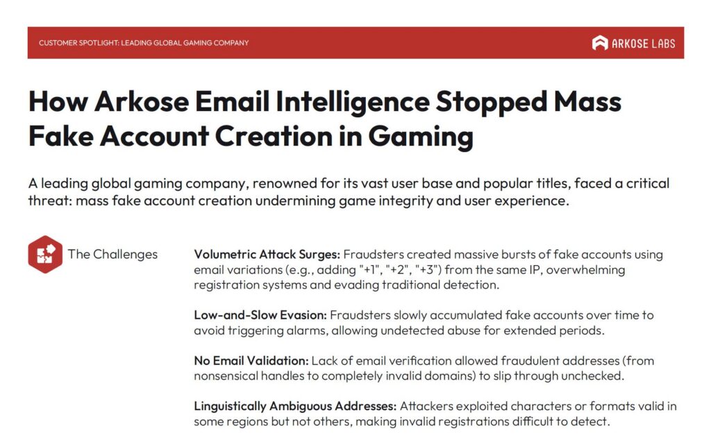 arkose email intelligence fake account creation gaming case study image