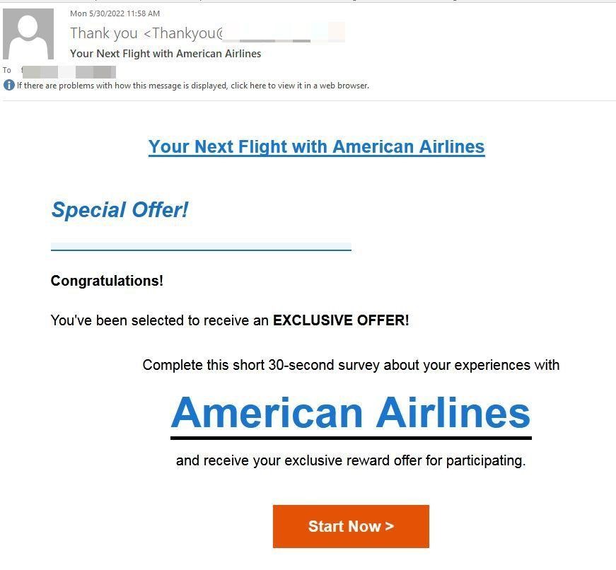Example of travel phishing email