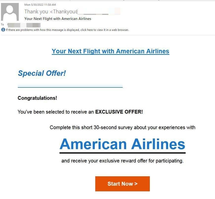 Example of travel phishing email